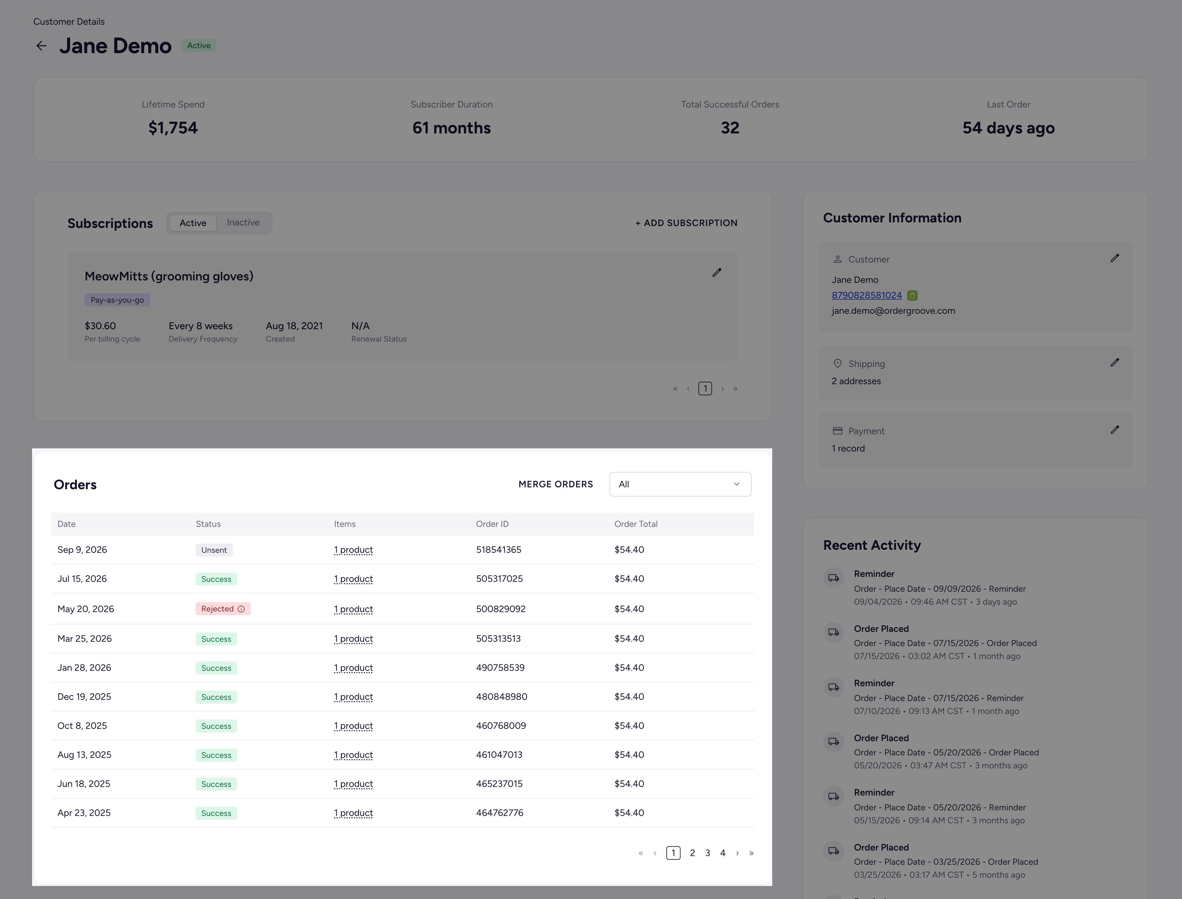 The Orders section listing recent orders with date, status, items, and total