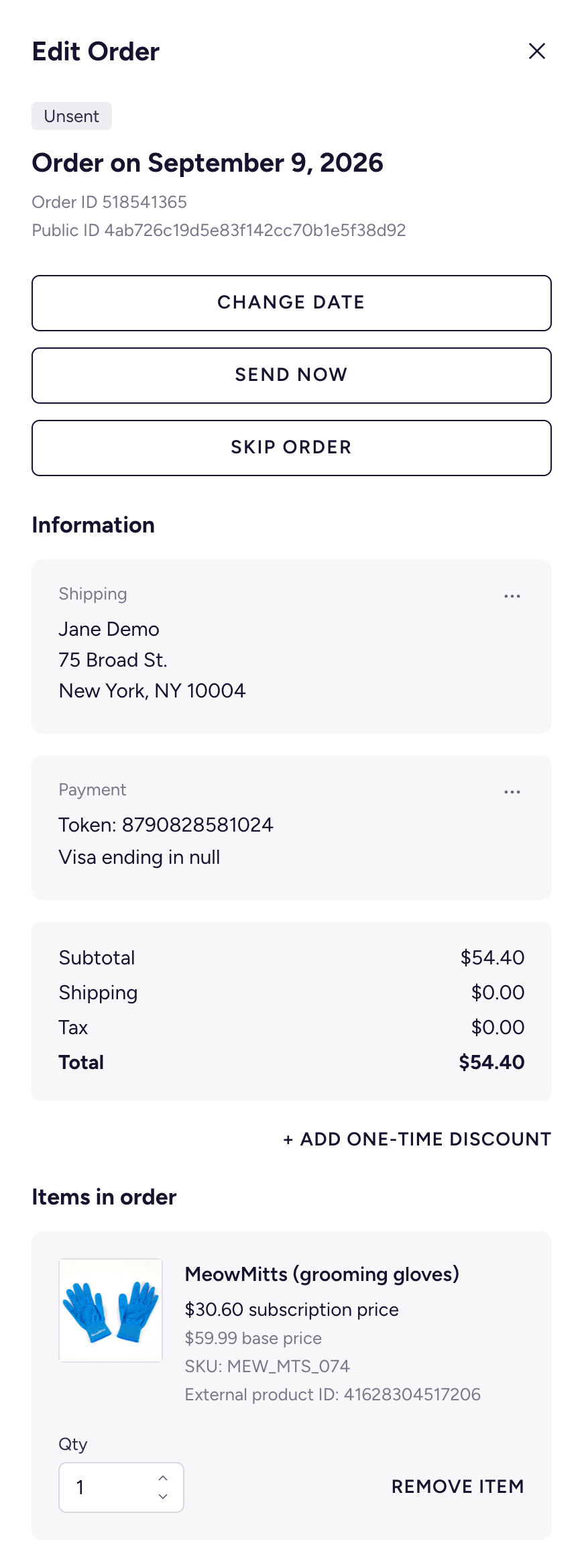 The Edit Order panel showing shipping address, payment method, total, and line items