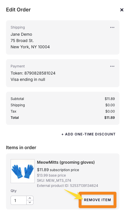 The Edit Order panel with the Remove Item link next to a line item