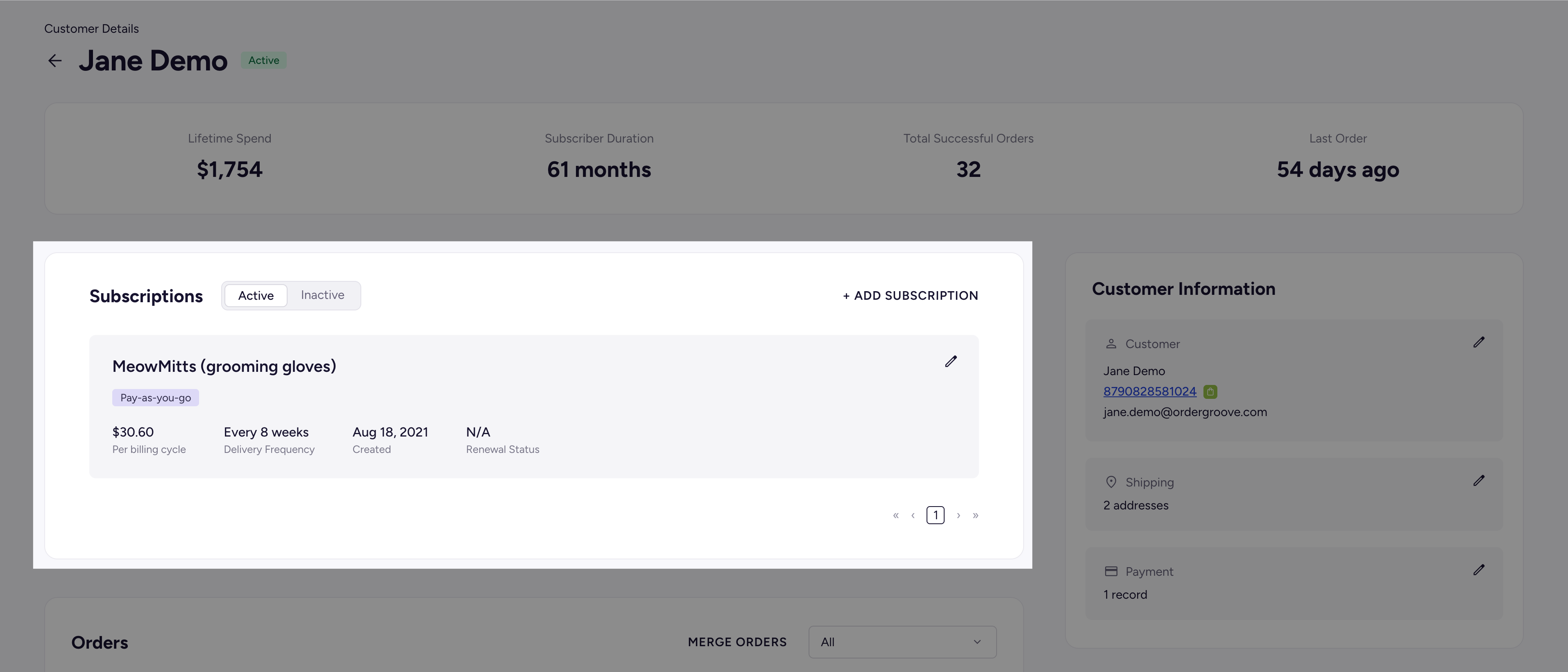 The Subscriptions section listing each subscription's product, price, frequency, and status