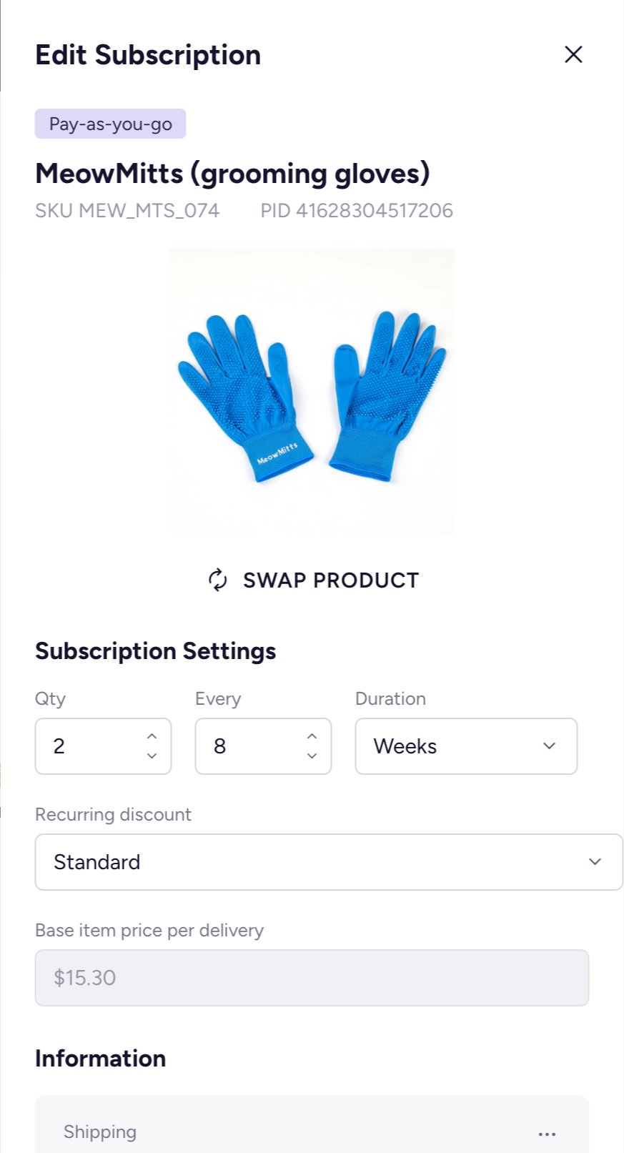 The Edit Subscription panel showing item, settings, shipping, and payment