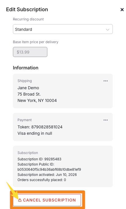 The bottom of the Edit Subscription panel with the Cancel Subscription button