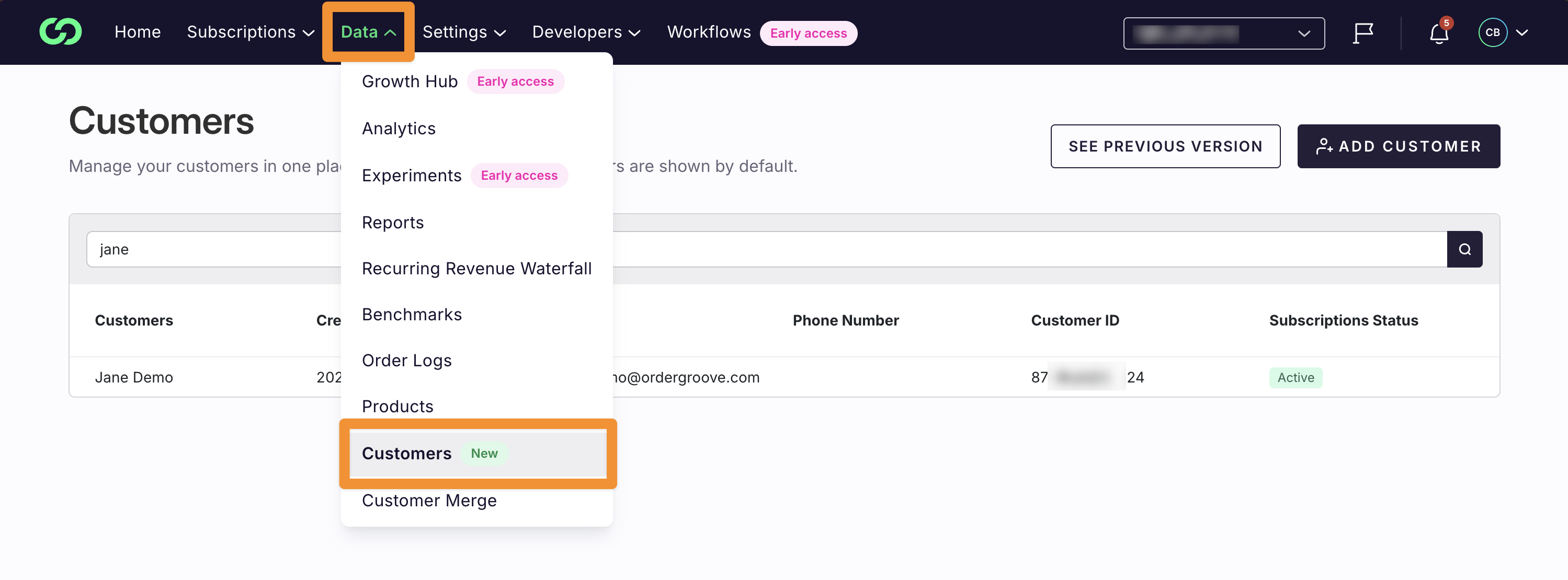 The Customers page with the search field and a list of matching subscribers