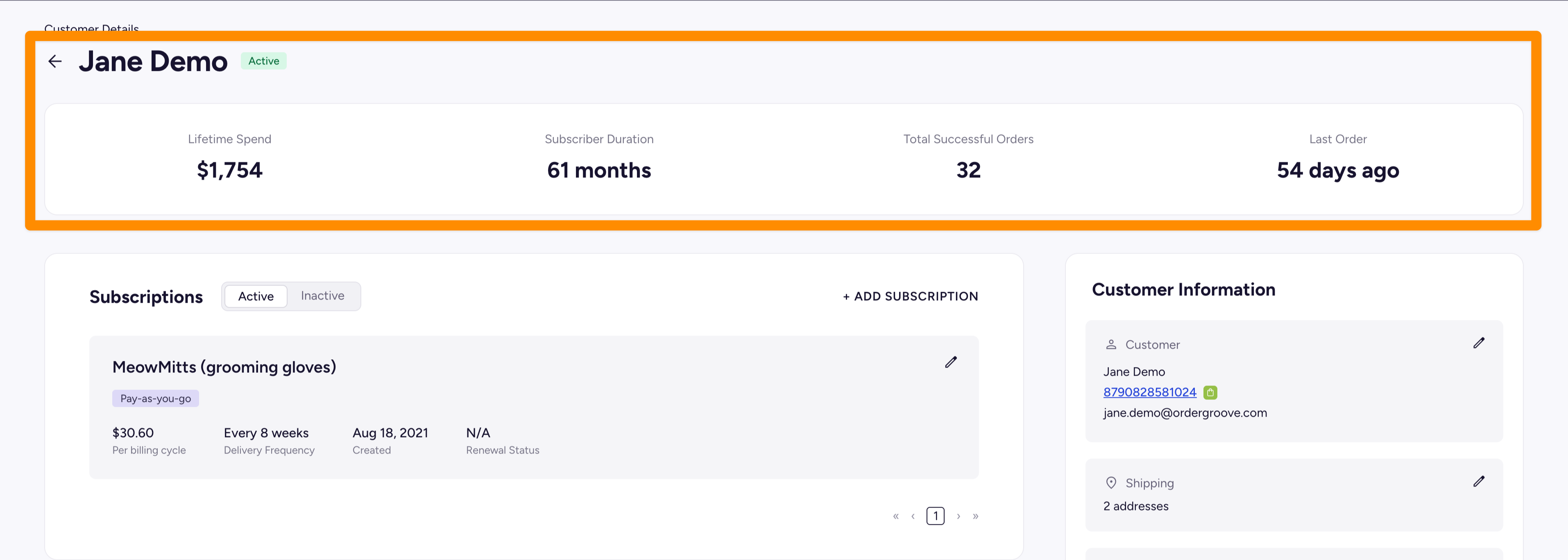 The subscriber details header showing status, months enrolled, total spend, and order count