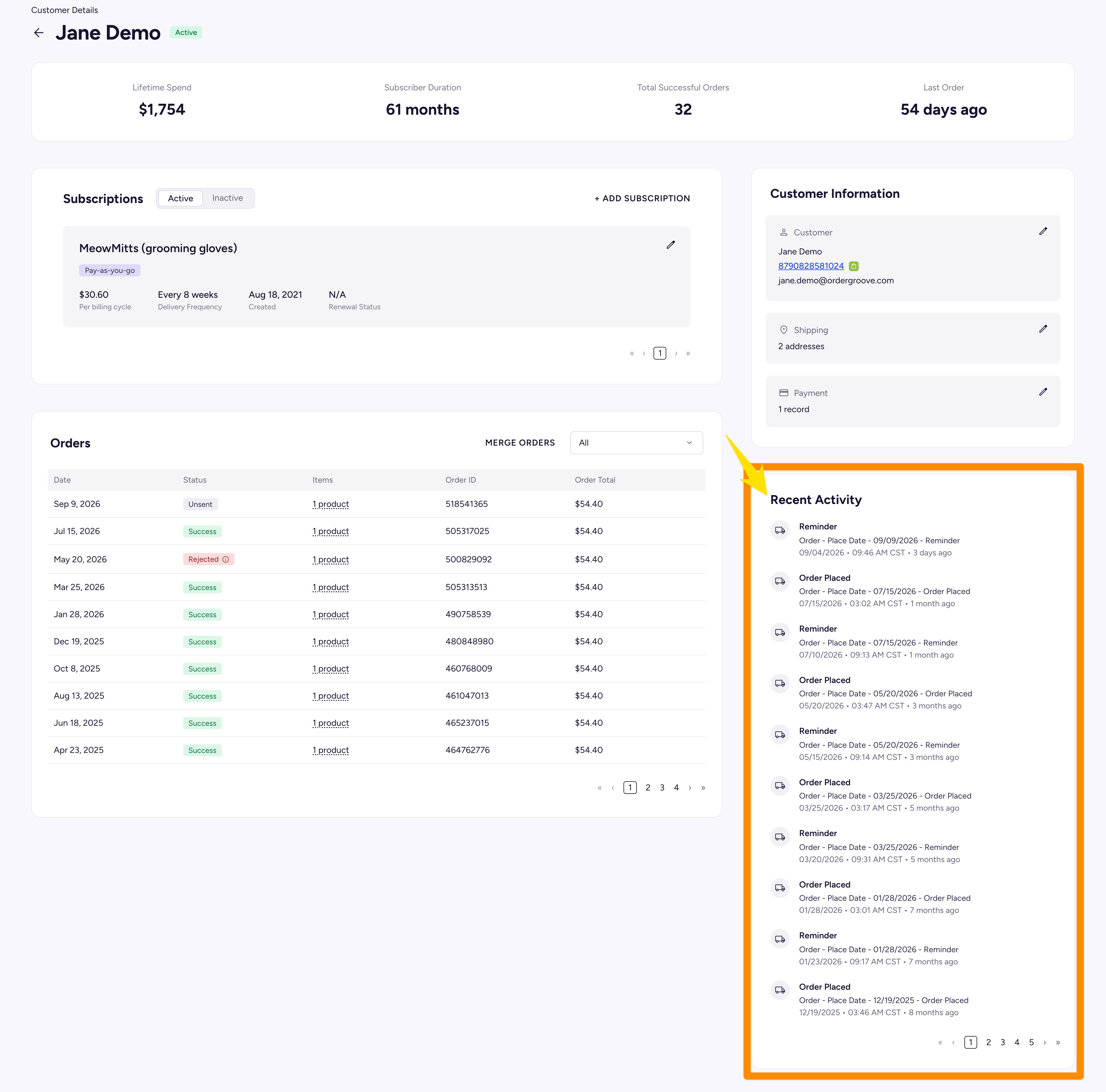 The Recent Activity section listing account changes and their authors