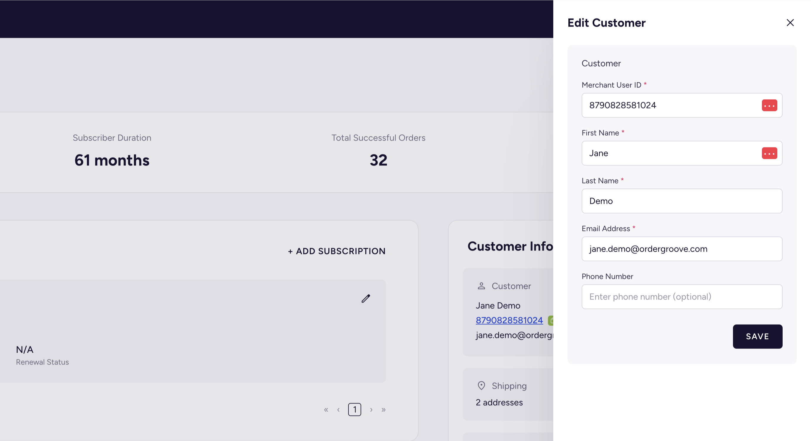 The Edit Customer Information sidebar with editable name, email, and phone fields