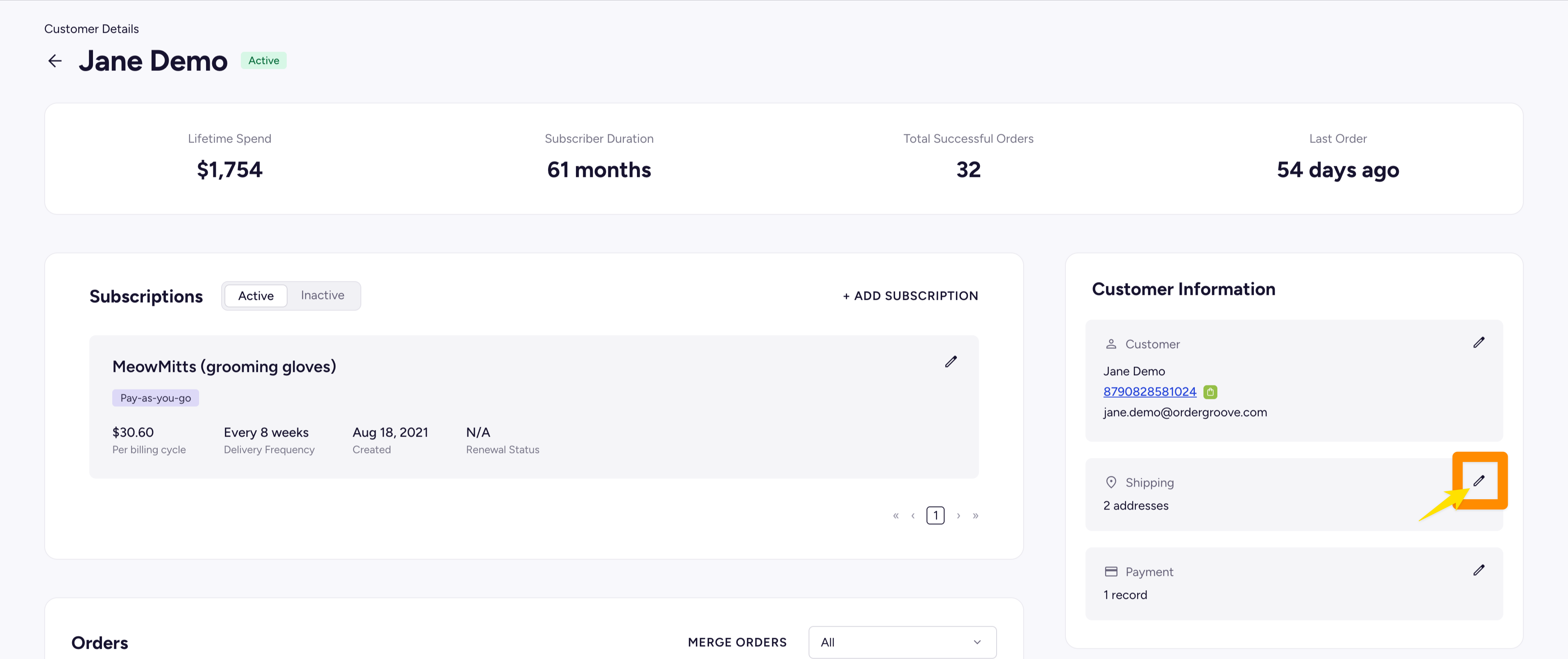 The Shipping section of a customer profile with the pencil icon highlighted