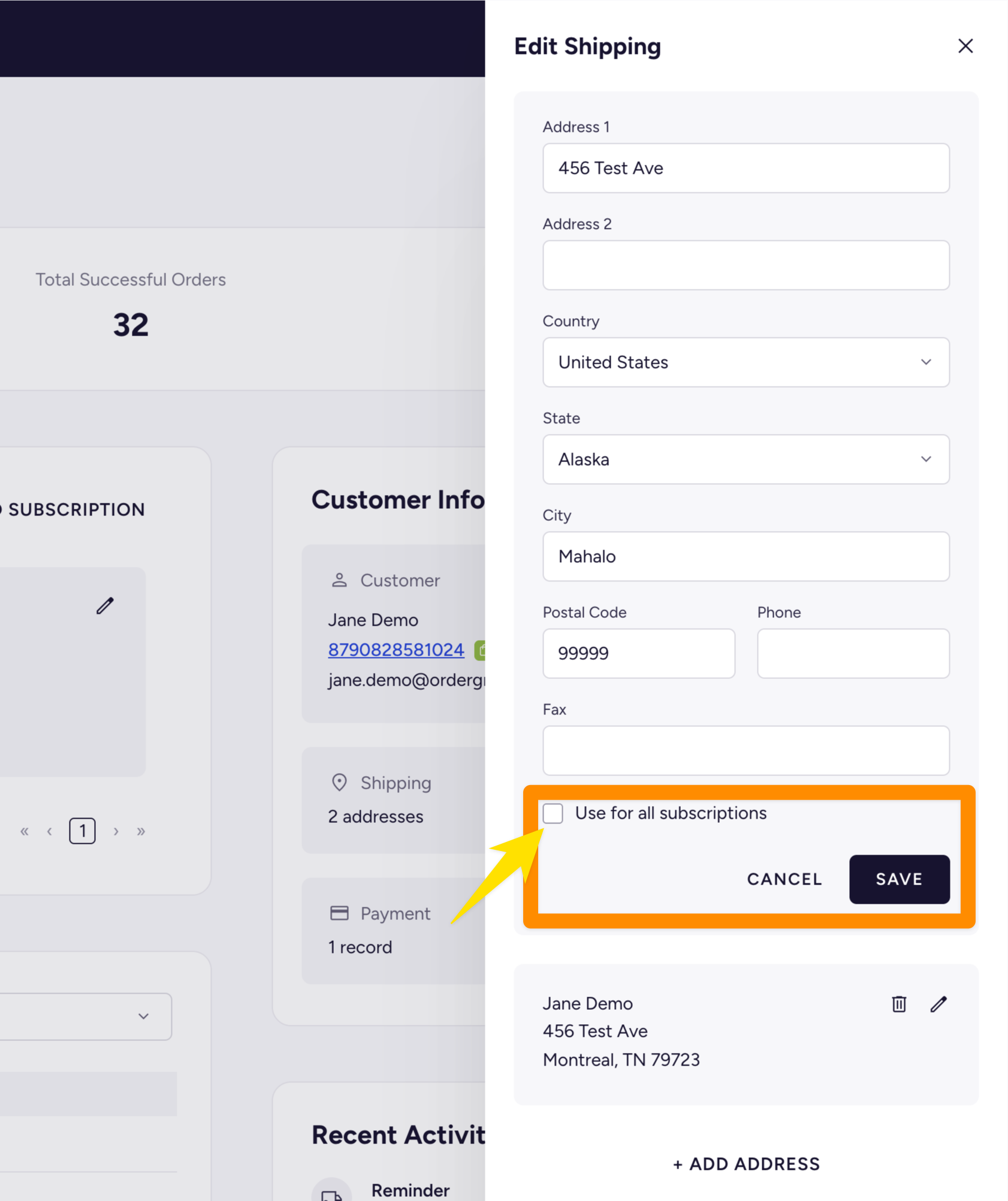 The Edit Shipping panel with address fields and the Use for all subscriptions checkbox
