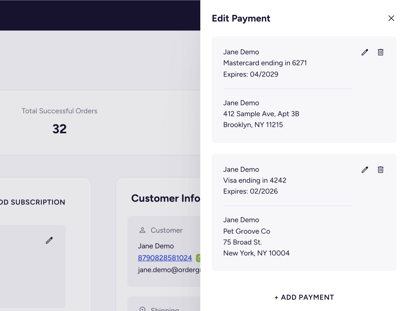 The Edit Payment panel listing the customer's payment methods with pencil and trash icons