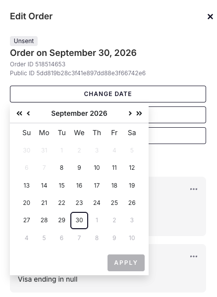 The calendar panel for selecting a new order date