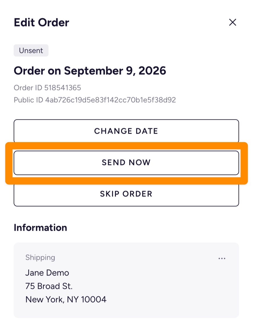 The Edit Order panel with the Undo link shown in place of the order date