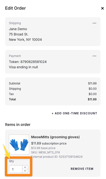 The Edit Order panel with the Send quantity box for a line item