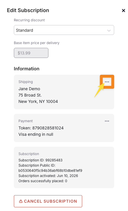 The Shipping section of the Edit Subscription panel with the address dropdown open