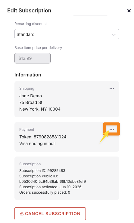 The Payment section of the Edit Subscription panel with the payment method dropdown open