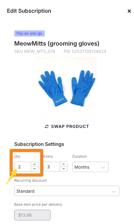 The Edit Subscription panel with the Qty box beneath the product image