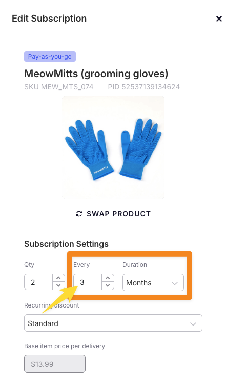 The Edit Subscription panel with the Every and Duration frequency boxes