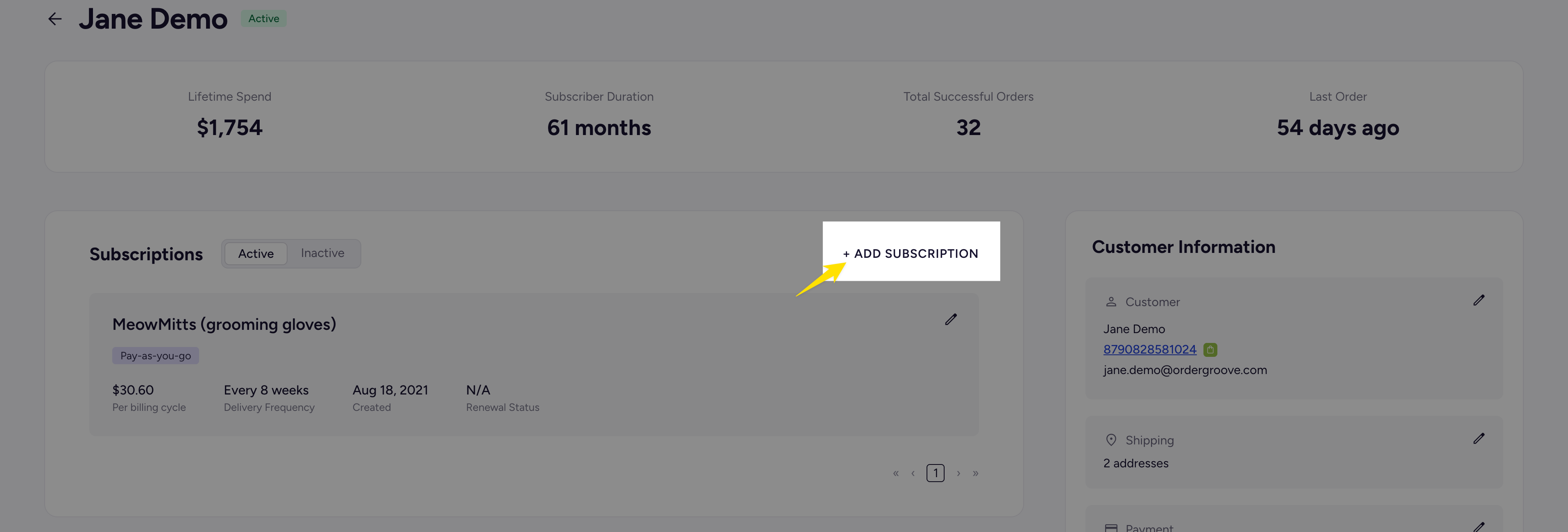 The Subscriptions section with the Add Subscription button at the top right