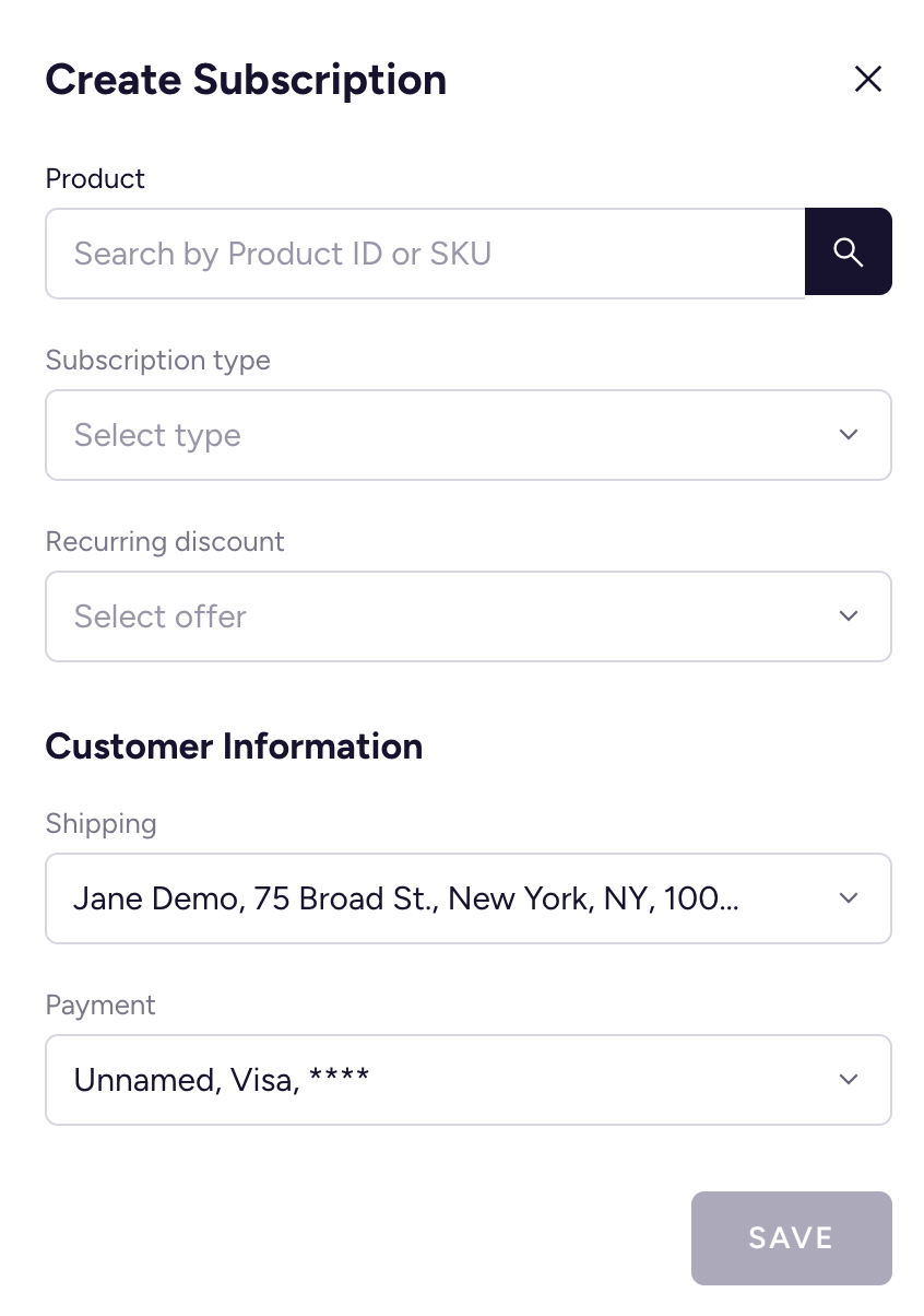 The Add Subscription panel with product search, type, discount, shipping, and payment fields