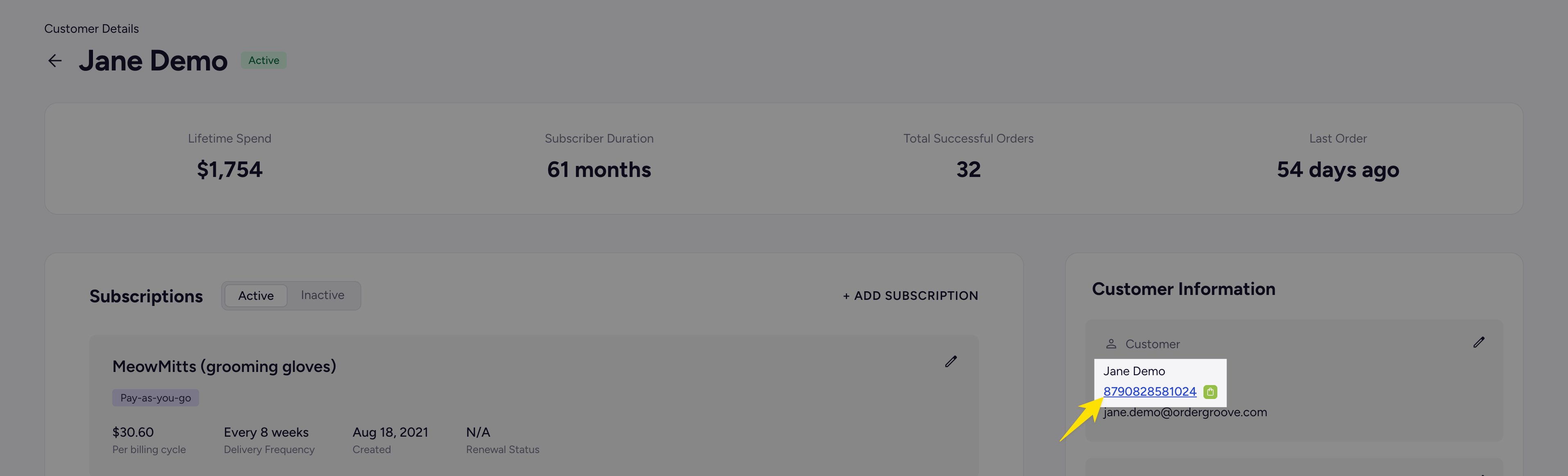A customer profile with the Customer ID shown as a link to Shopify Admin